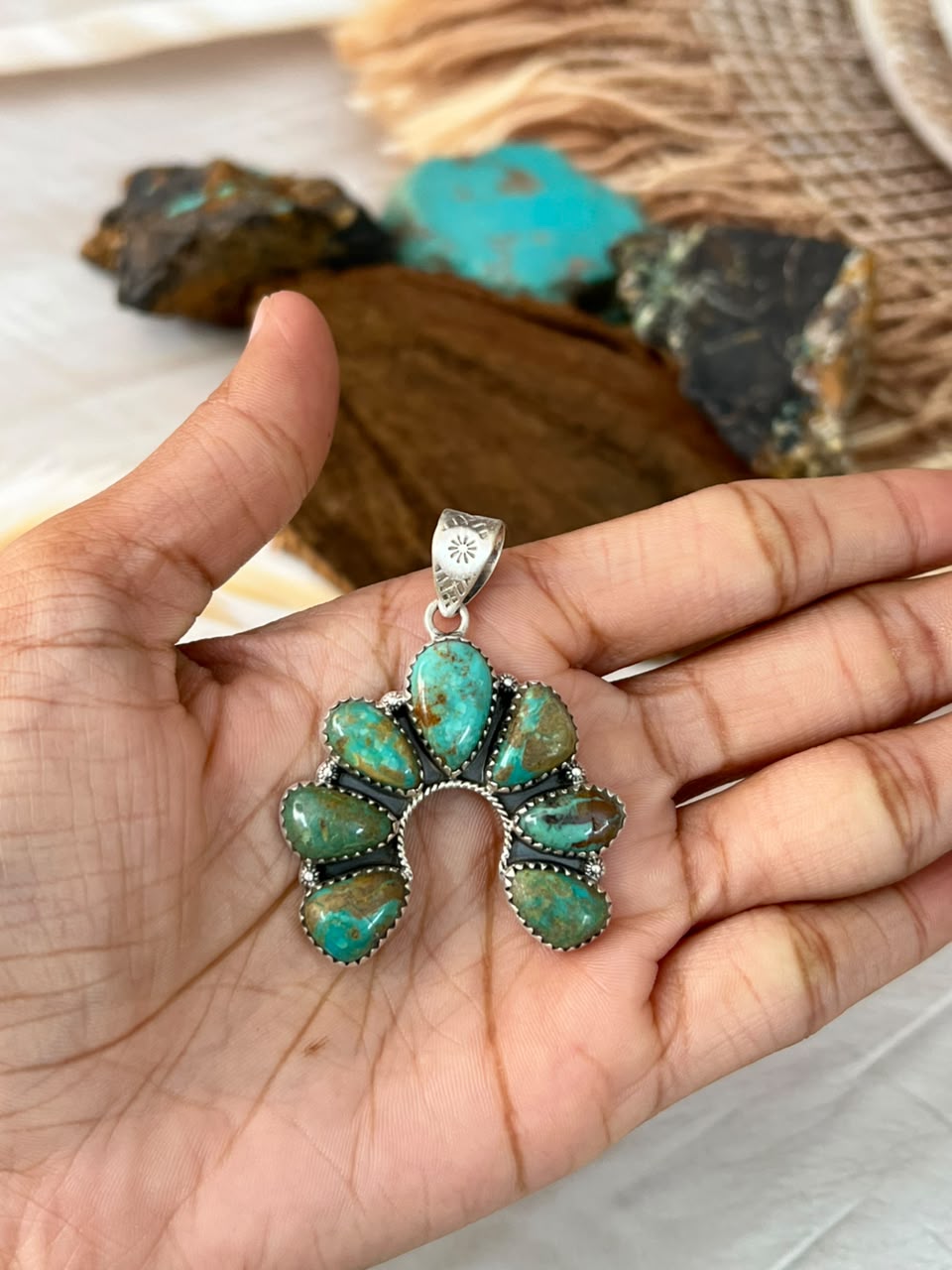 Handmade Sterling Silver Sonoran Turquoise Collection: Naja Pendant Signed Nizhoni (3)