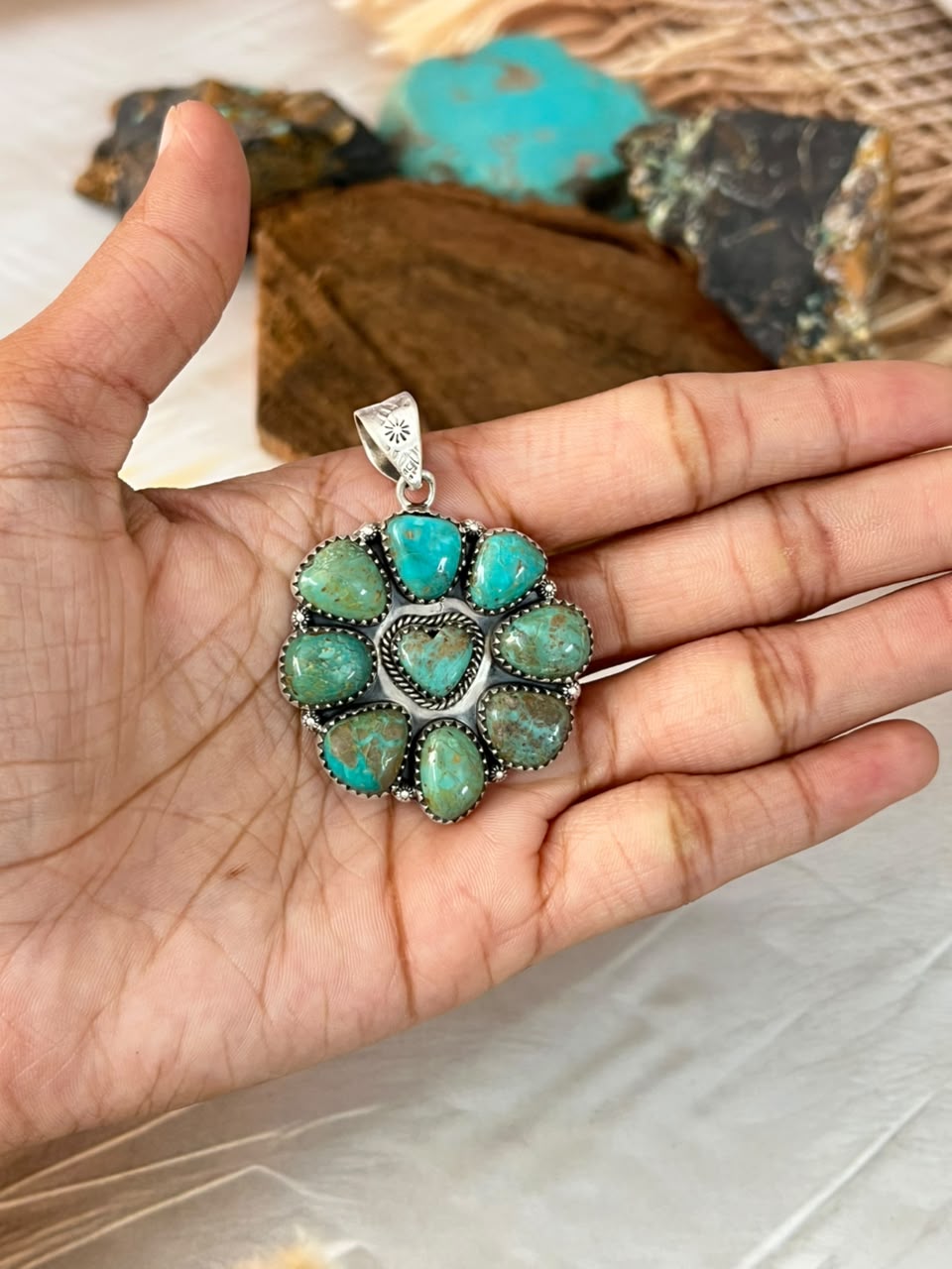 Handmade Sterling Silver Sonoran Turquoise Collection: Pendant Signed Nizhoni (1)