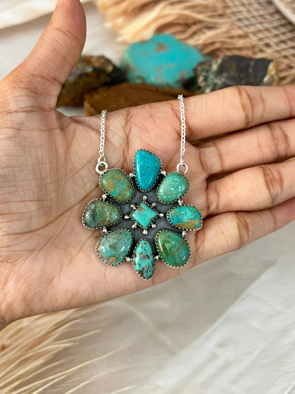 Handmade Sterling Silver Sonoran Turquoise Collection: Necklace Signed Nizhoni (4)