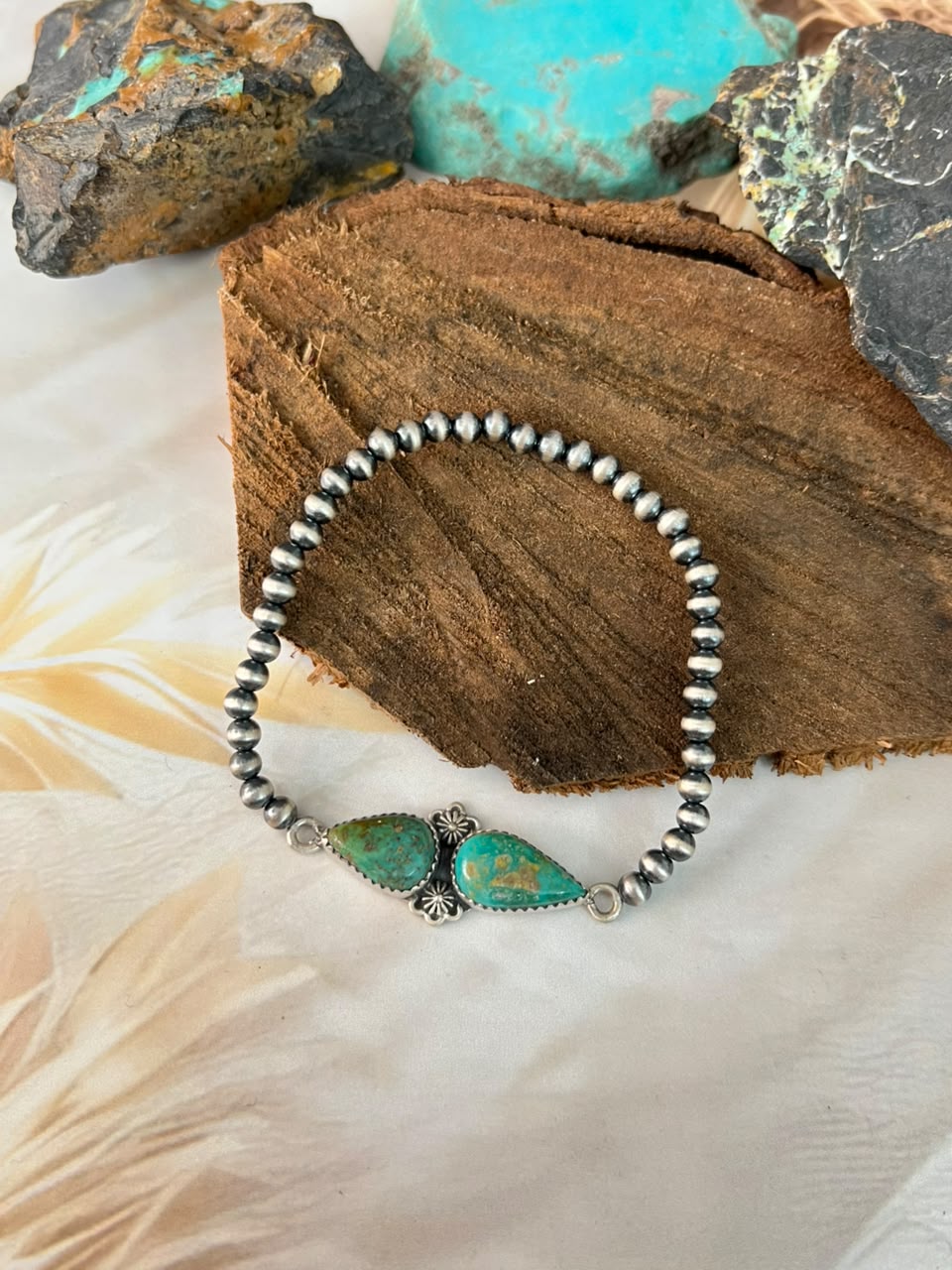 Handmade Sterling Silver Sonoran Turquoise Collection: Stretchy Beaded Bracelet Signed Nizhoni