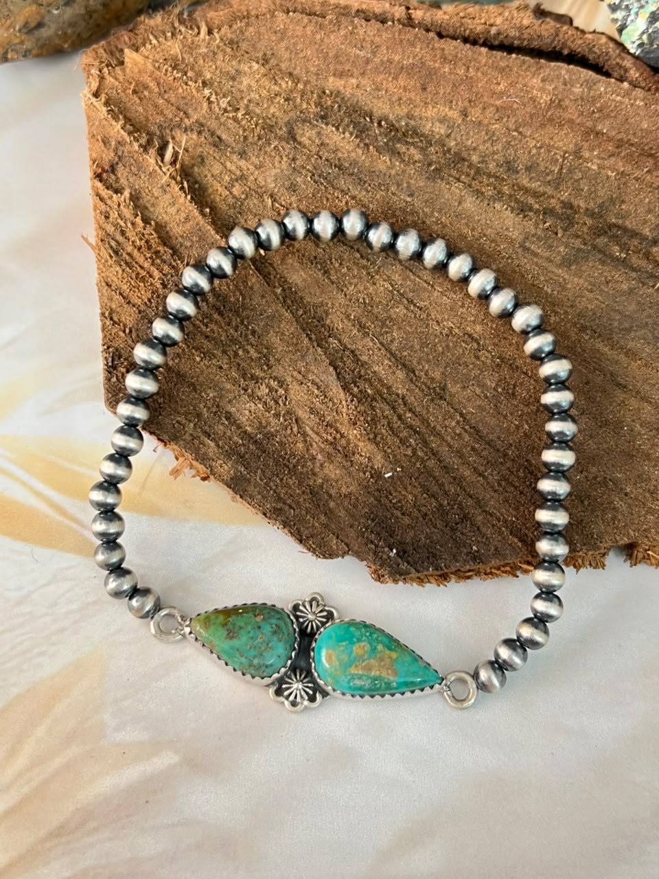 Handmade Sterling Silver Sonoran Turquoise Collection: Stretchy Beaded Bracelet Signed Nizhoni