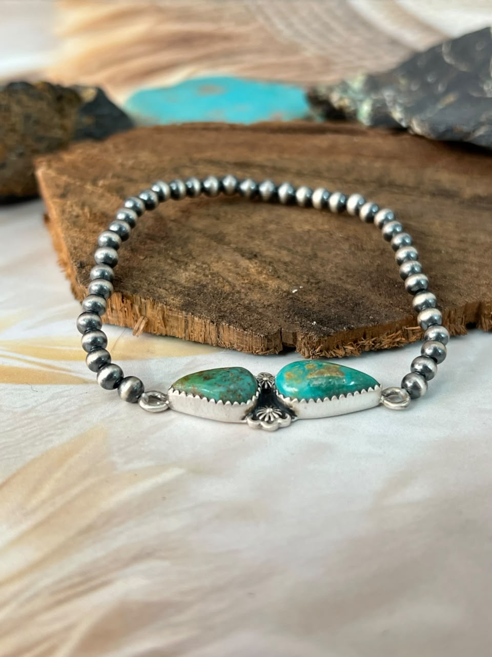 Handmade Sterling Silver Sonoran Turquoise Collection: Stretchy Beaded Bracelet Signed Nizhoni