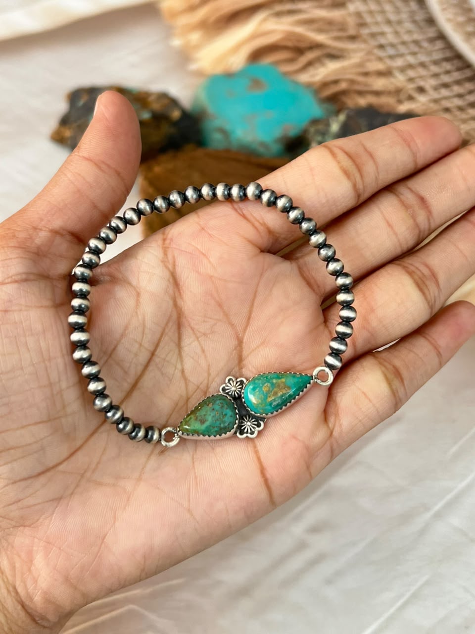 Handmade Sterling Silver Sonoran Turquoise Collection: Stretchy Beaded Bracelet Signed Nizhoni