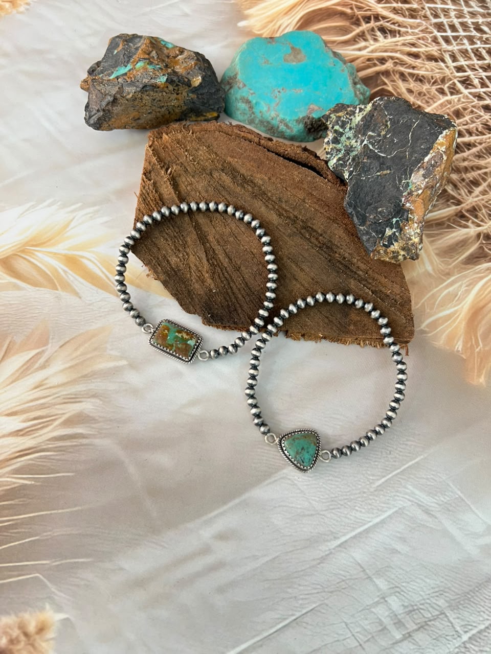 Handmade Sterling Silver Sonoran Turquoise Collection: Stretchy Beaded Bracelet Signed Nizhoni