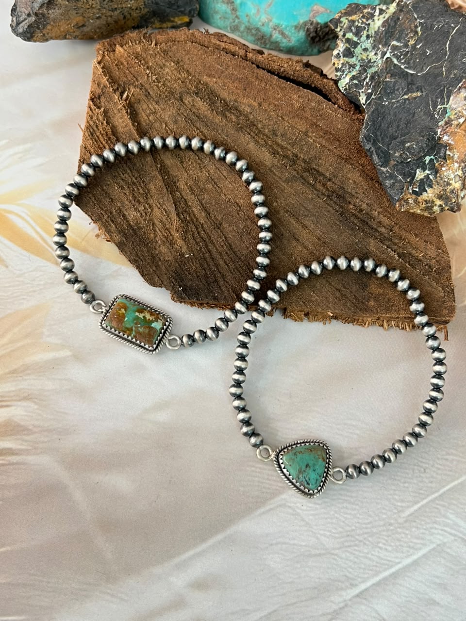 Handmade Sterling Silver Sonoran Turquoise Collection: Stretchy Beaded Bracelet Signed Nizhoni