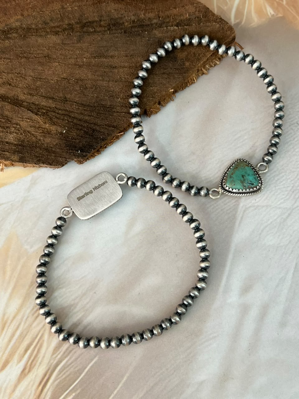 Handmade Sterling Silver Sonoran Turquoise Collection: Stretchy Beaded Bracelet Signed Nizhoni