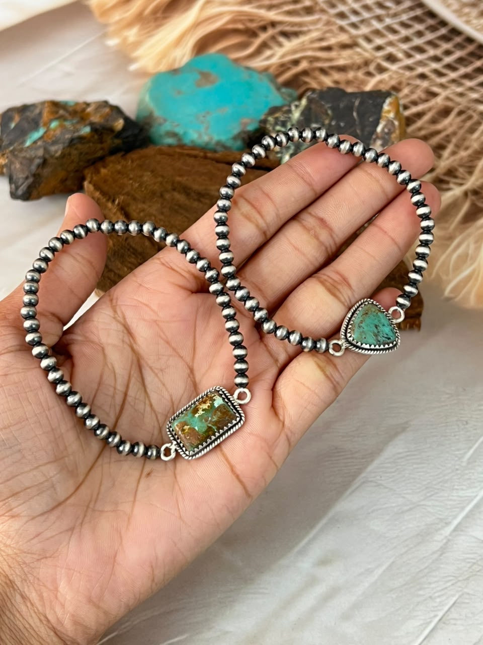 Handmade Sterling Silver Sonoran Turquoise Collection: Stretchy Beaded Bracelet Signed Nizhoni