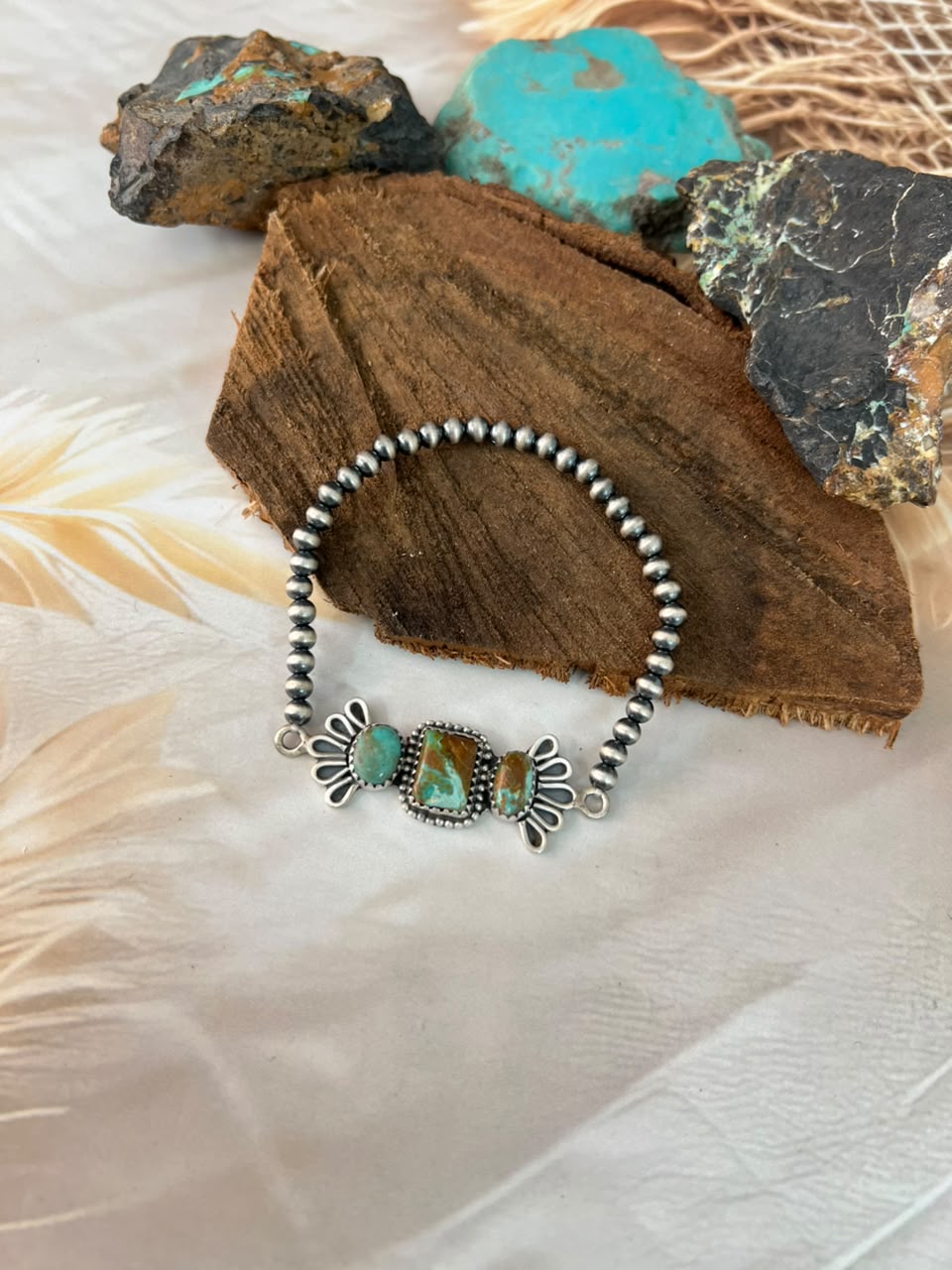 Handmade Sterling Silver Sonoran Turquoise Collection: Stretchy Beaded Bracelet Signed Nizhoni