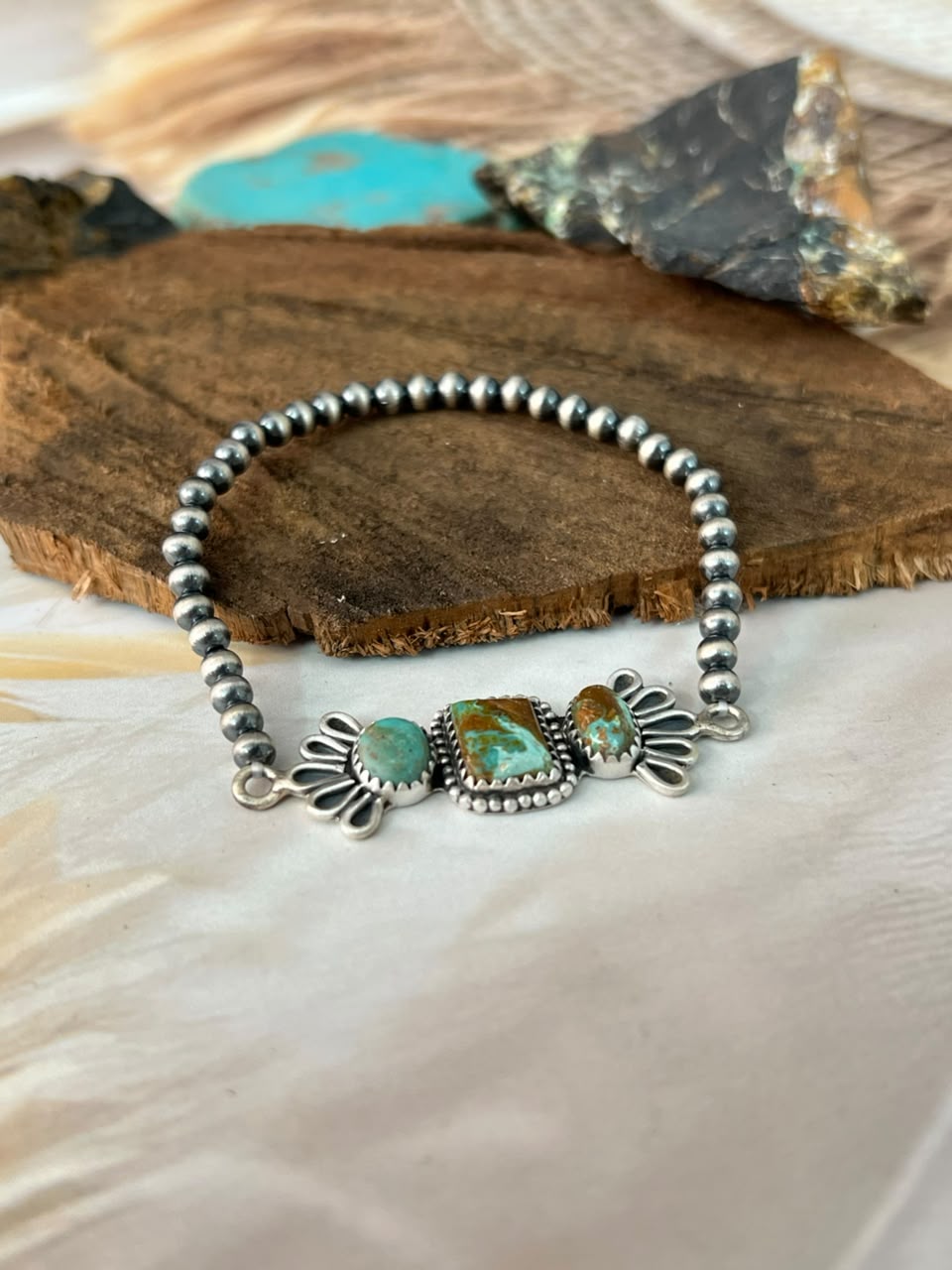 Handmade Sterling Silver Sonoran Turquoise Collection: Stretchy Beaded Bracelet Signed Nizhoni