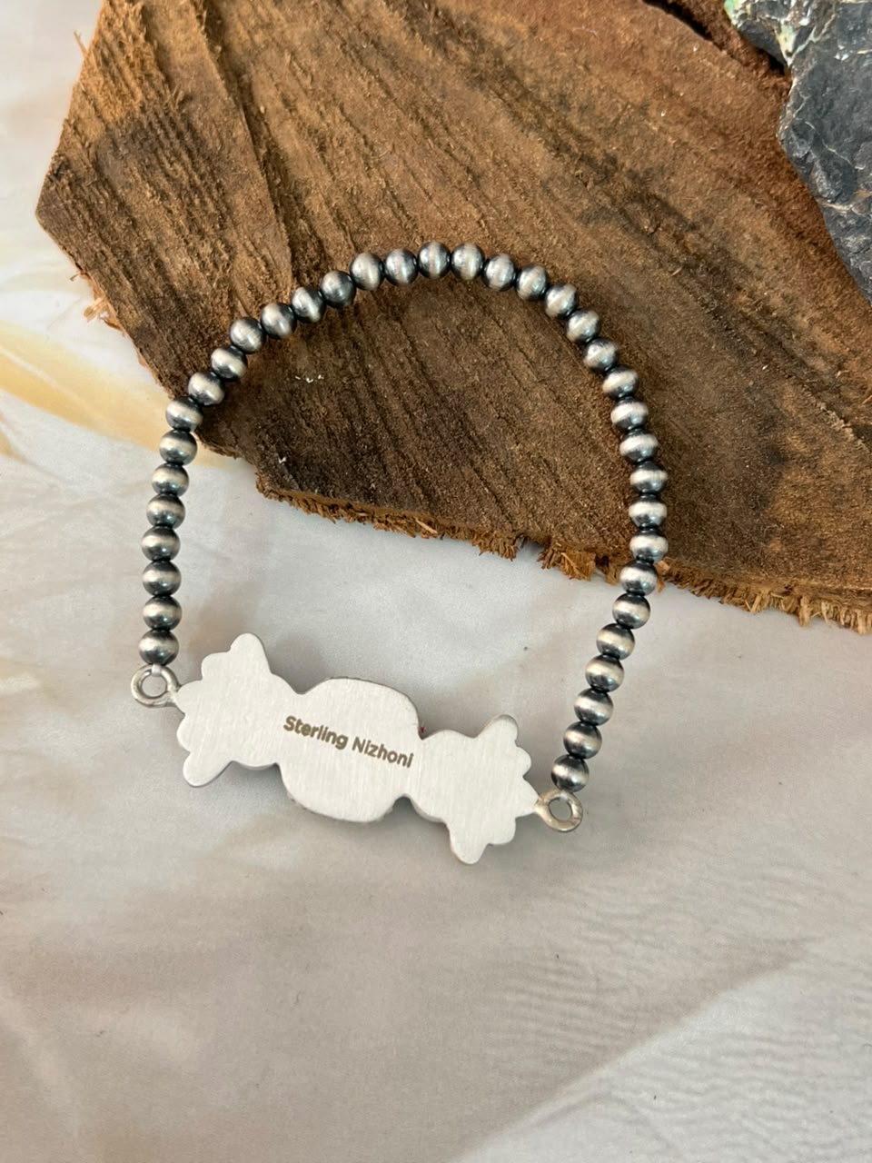 Handmade Sterling Silver Sonoran Turquoise Collection: Stretchy Beaded Bracelet Signed Nizhoni