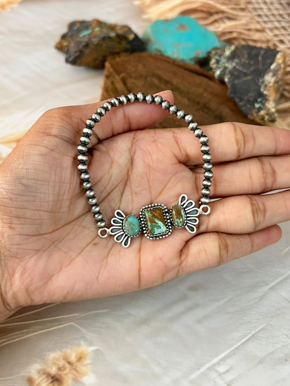 Handmade Sterling Silver Sonoran Turquoise Collection: Stretchy Beaded Bracelet Signed Nizhoni