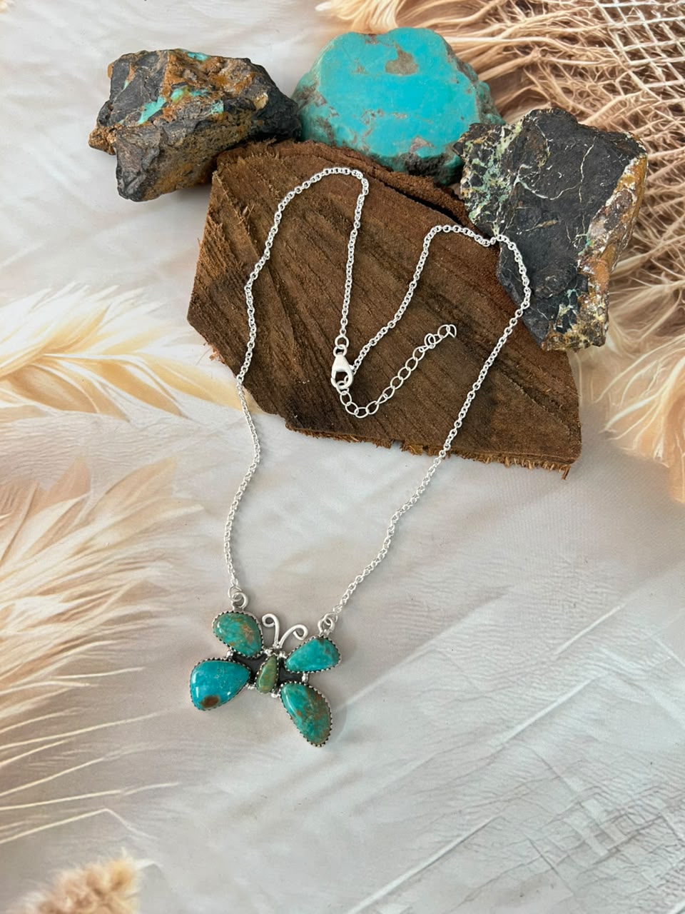 Handmade Sterling Silver Sonoran Turquoise Collection: Butterfly Necklace Signed Nizhoni