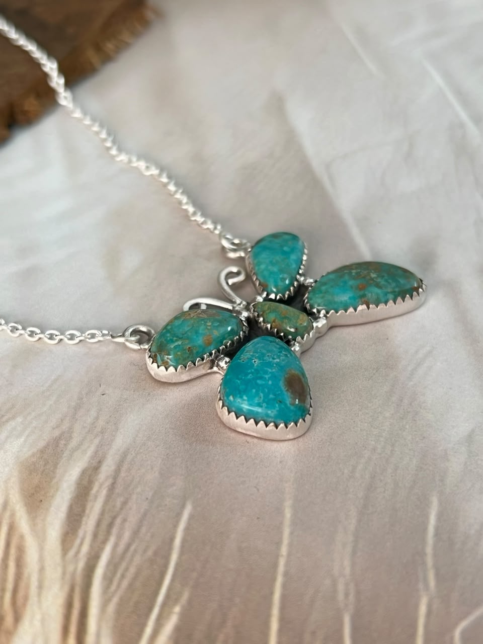 Handmade Sterling Silver Sonoran Turquoise Collection: Butterfly Necklace Signed Nizhoni