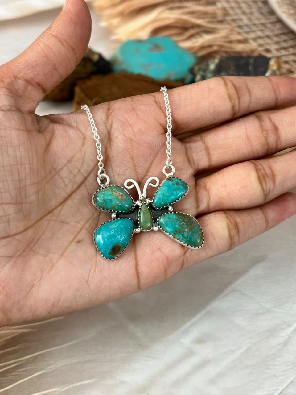 Handmade Sterling Silver Sonoran Turquoise Collection: Butterfly Necklace Signed Nizhoni