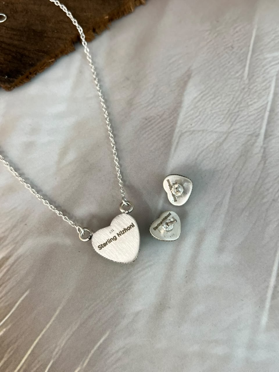 Handmade Sterling Silver Sonoran Turquoise Collection: Heart  Necklace and Earrings Set Signed Nizhoni