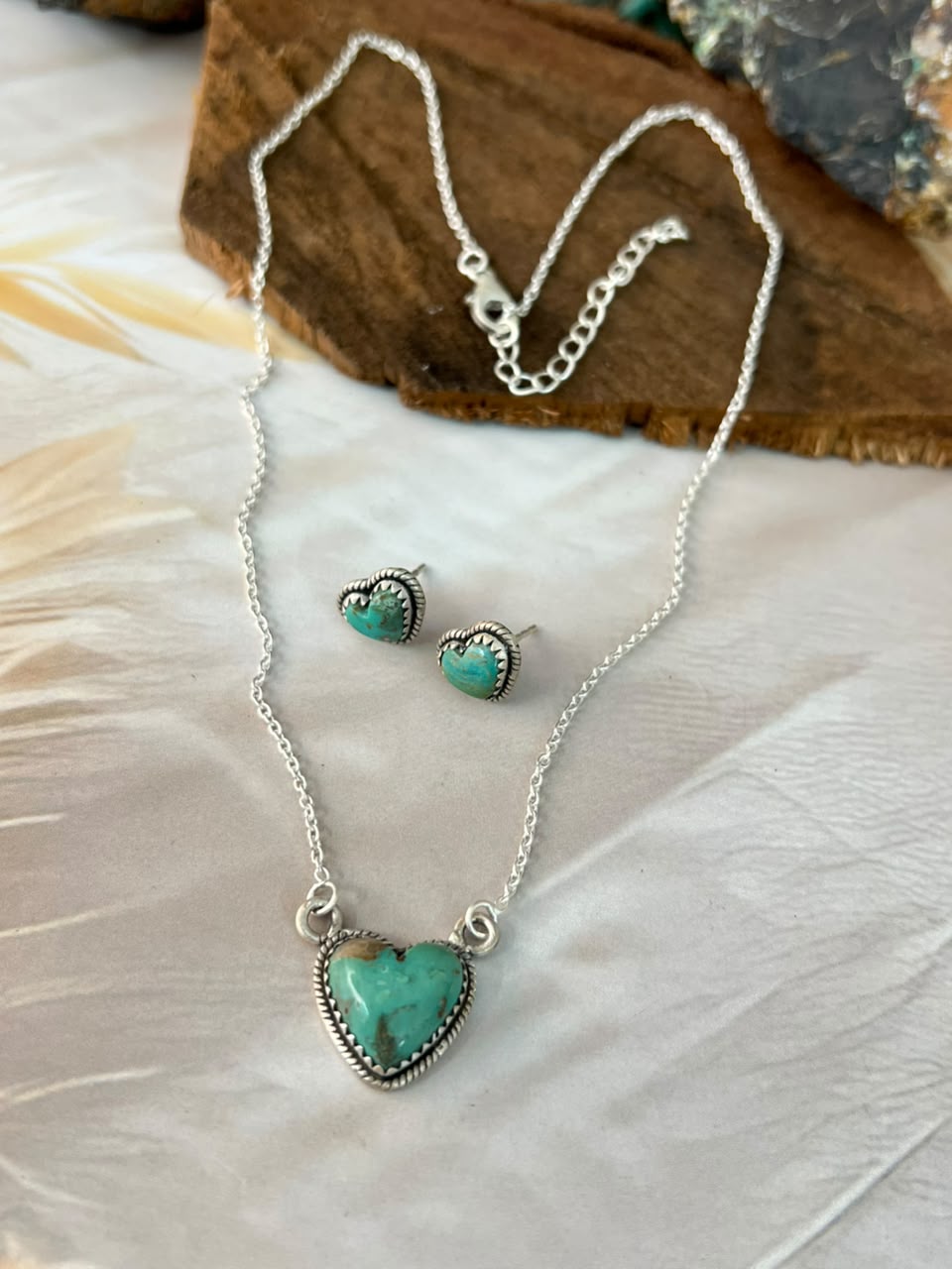 Handmade Sterling Silver Sonoran Turquoise Collection: Heart  Necklace and Earrings Set Signed Nizhoni