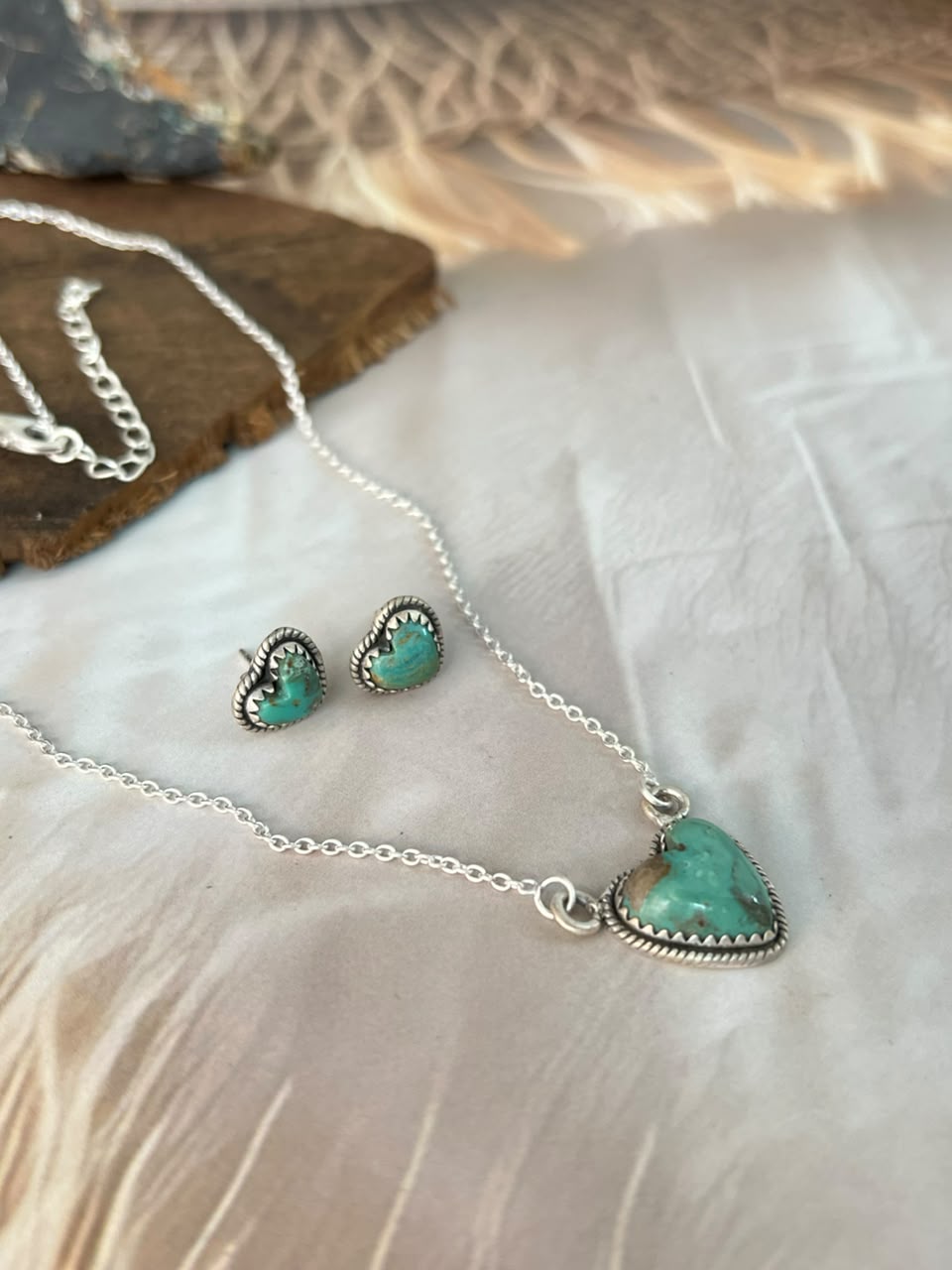 Handmade Sterling Silver Sonoran Turquoise Collection: Heart  Necklace and Earrings Set Signed Nizhoni