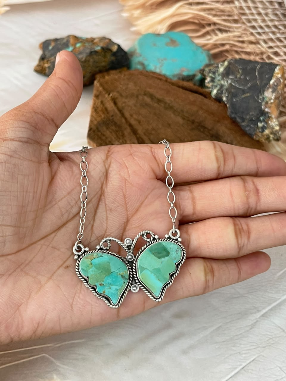 Handmade Sterling Silver Kingman Turquoise Butterfly Necklace Signed Nizhoni