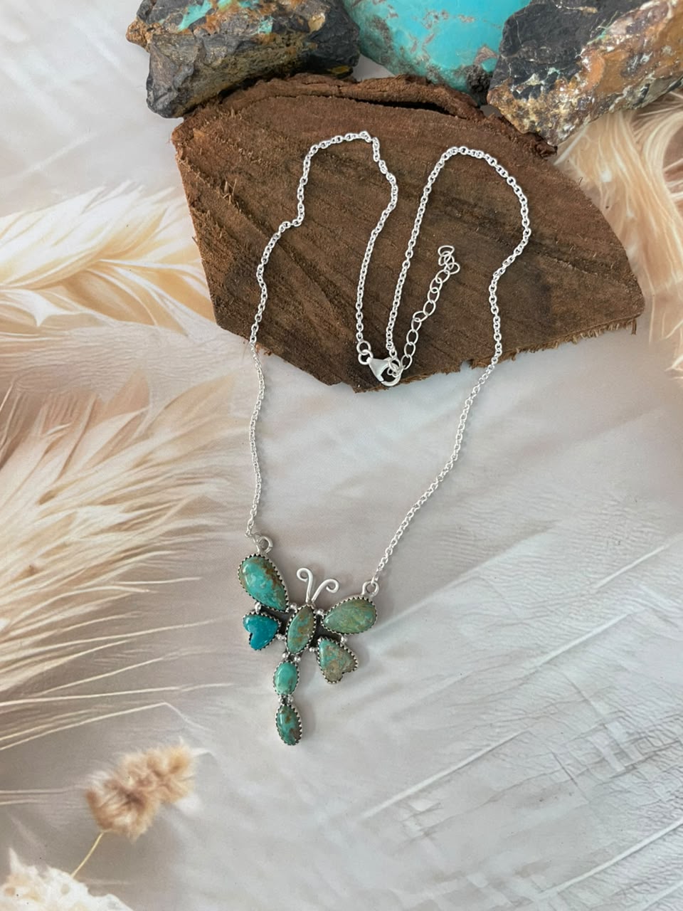 Handmade Sterling Silver Sonoran Turquoise Collection: Butterfly Necklace Signed Nizhoni