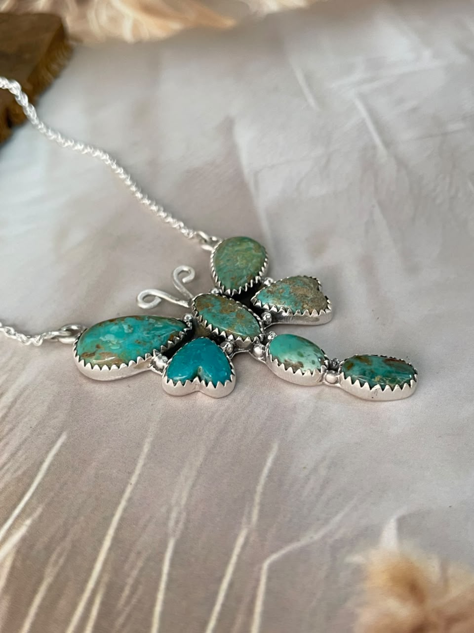 Handmade Sterling Silver Sonoran Turquoise Collection: Butterfly Necklace Signed Nizhoni