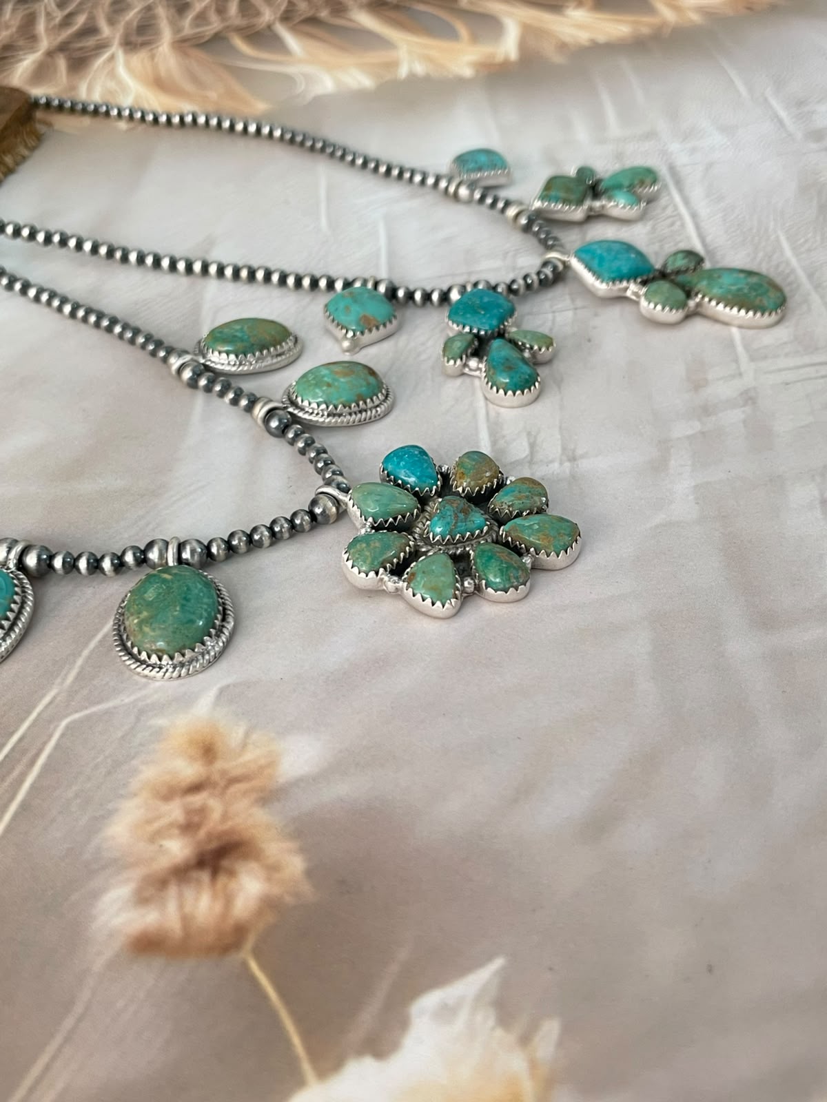 Handmade Sterling Silver Sonoran Turquoise Collection: Beaded Necklace Signed Nizhoni