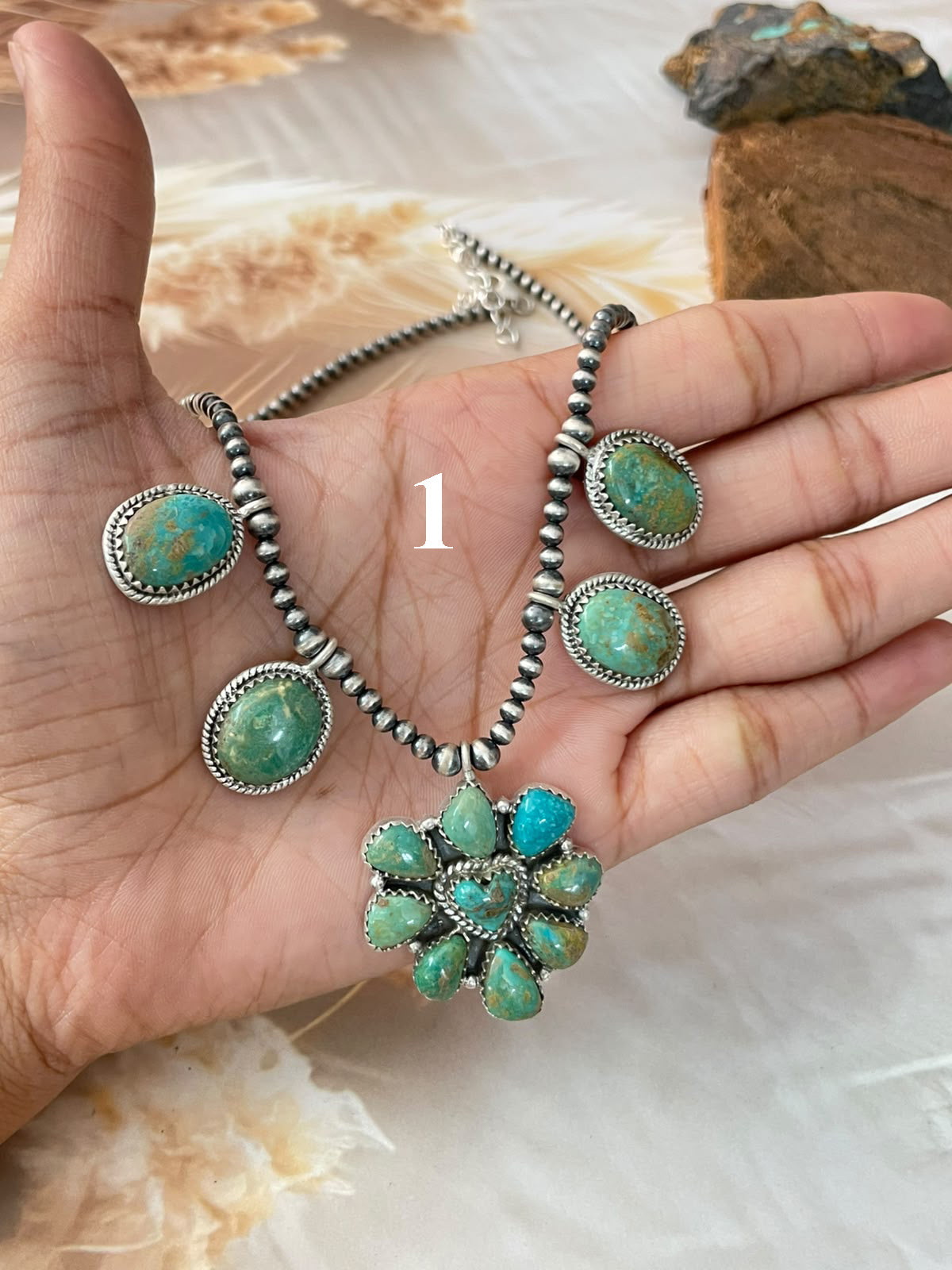 Handmade Sterling Silver Sonoran Turquoise Collection: Beaded Necklace Signed Nizhoni