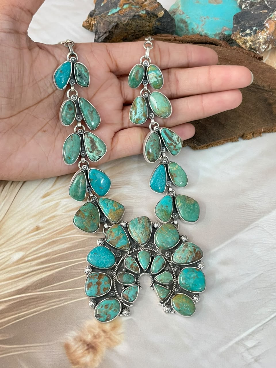 Handmade Sterling Silver Sonoran Turquoise Collection: Naja Necklace Signed Nizhoni