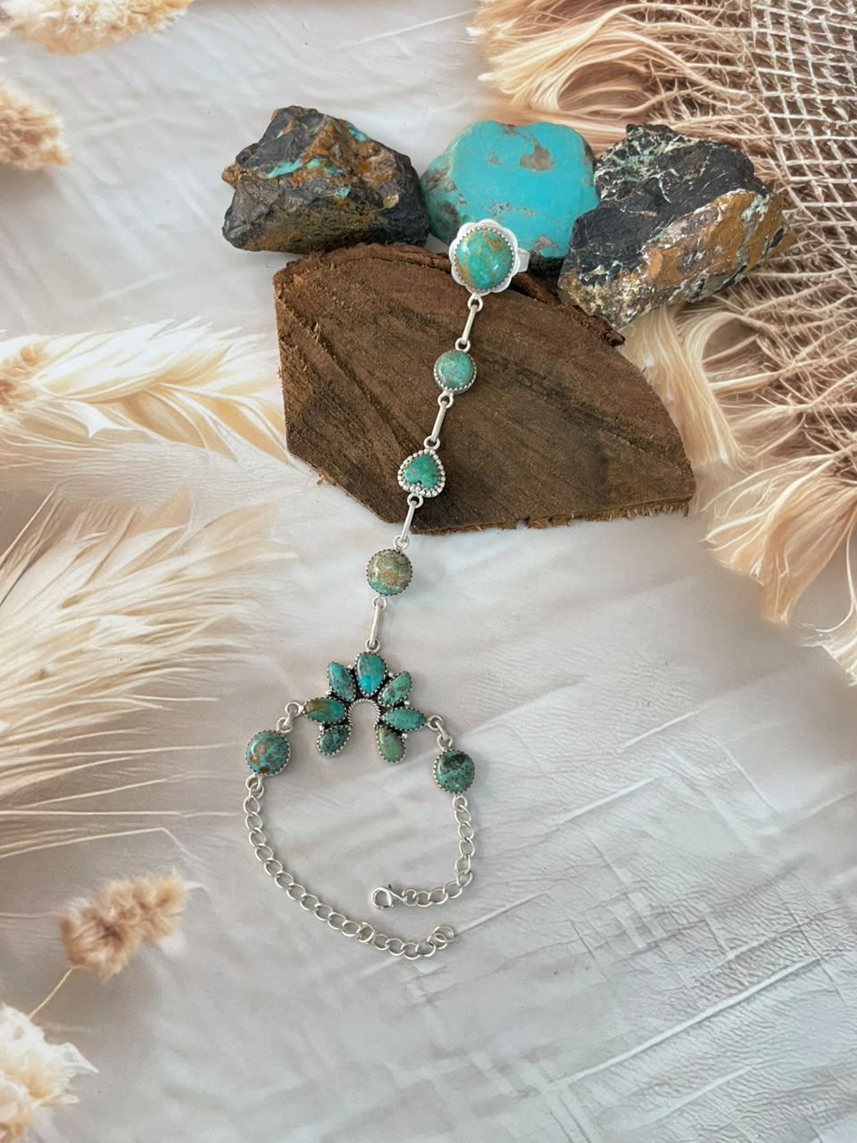 Handmade Sterling Silver Sonoran Turquoise Collection: Hand Harness Signed Nizhoni