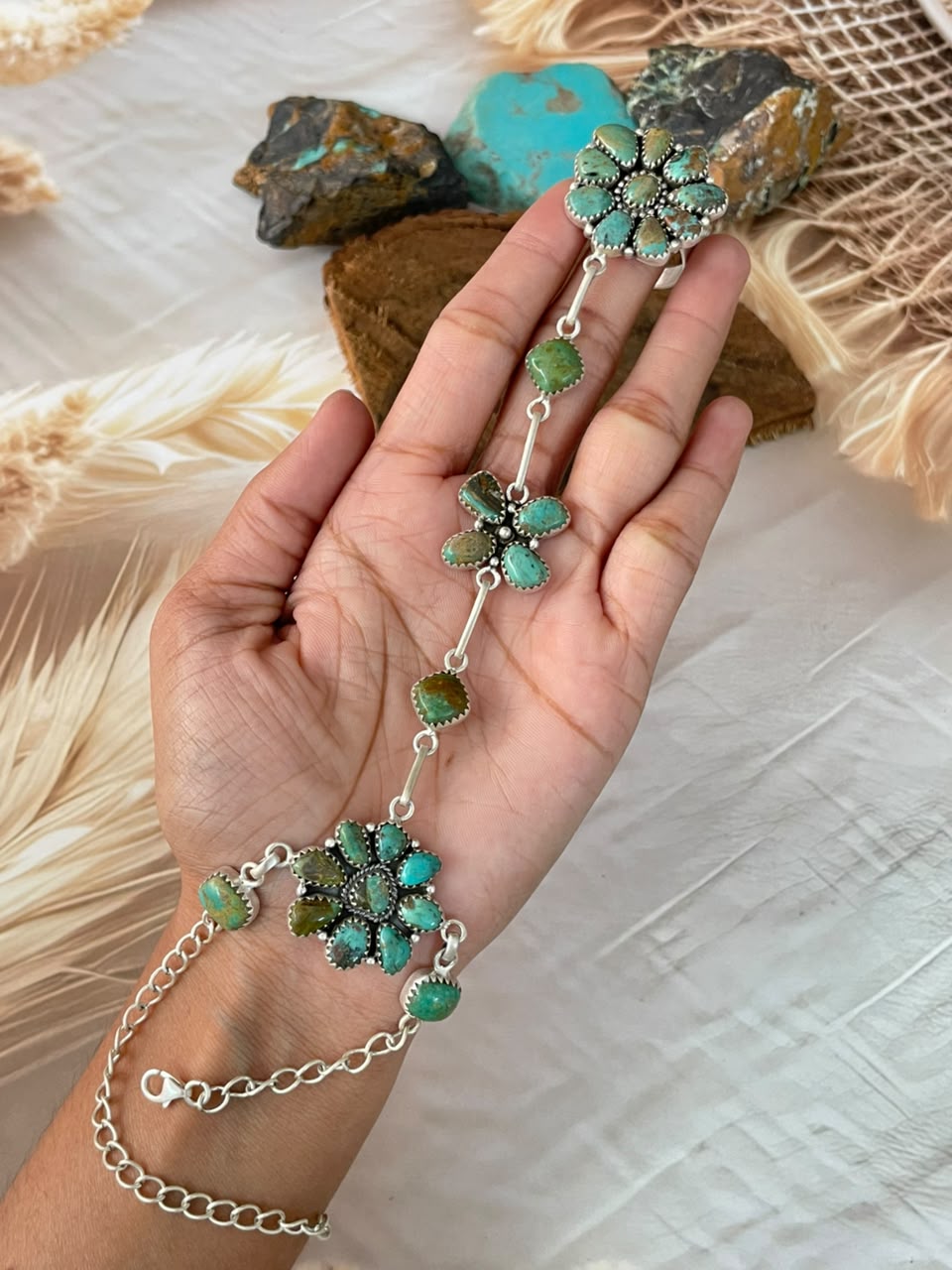 Handmade Sterling Silver Sonoran Turquoise Collection: Hand Harness Signed Nizhoni