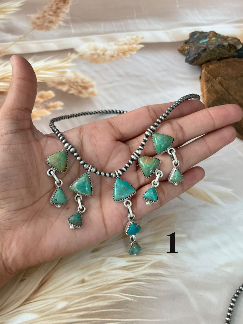 Handmade Sterling Silver Sonoran Turquoise Collection: Beaded Necklace Signed Nizhoni