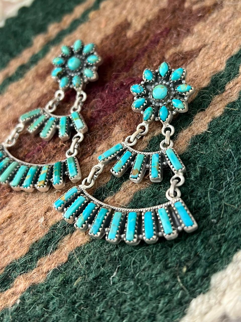 Handmade Sterling Silver Kingman Turquoise Post Dangle Earrings Signed Nizhoni