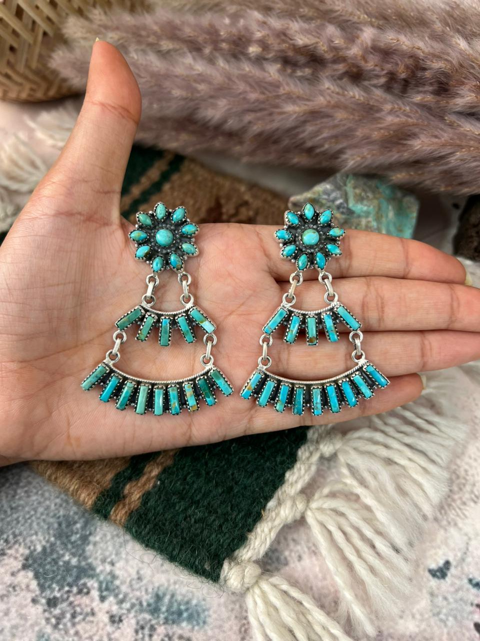 Handmade Sterling Silver Kingman Turquoise Post Dangle Earrings Signed Nizhoni