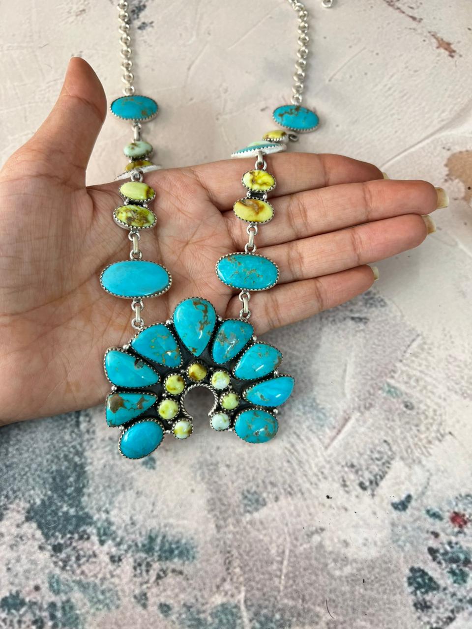 Handmade Sterling Silver Tyrone with Palomino Turquoise Naja Necklace Signed Nizhoni