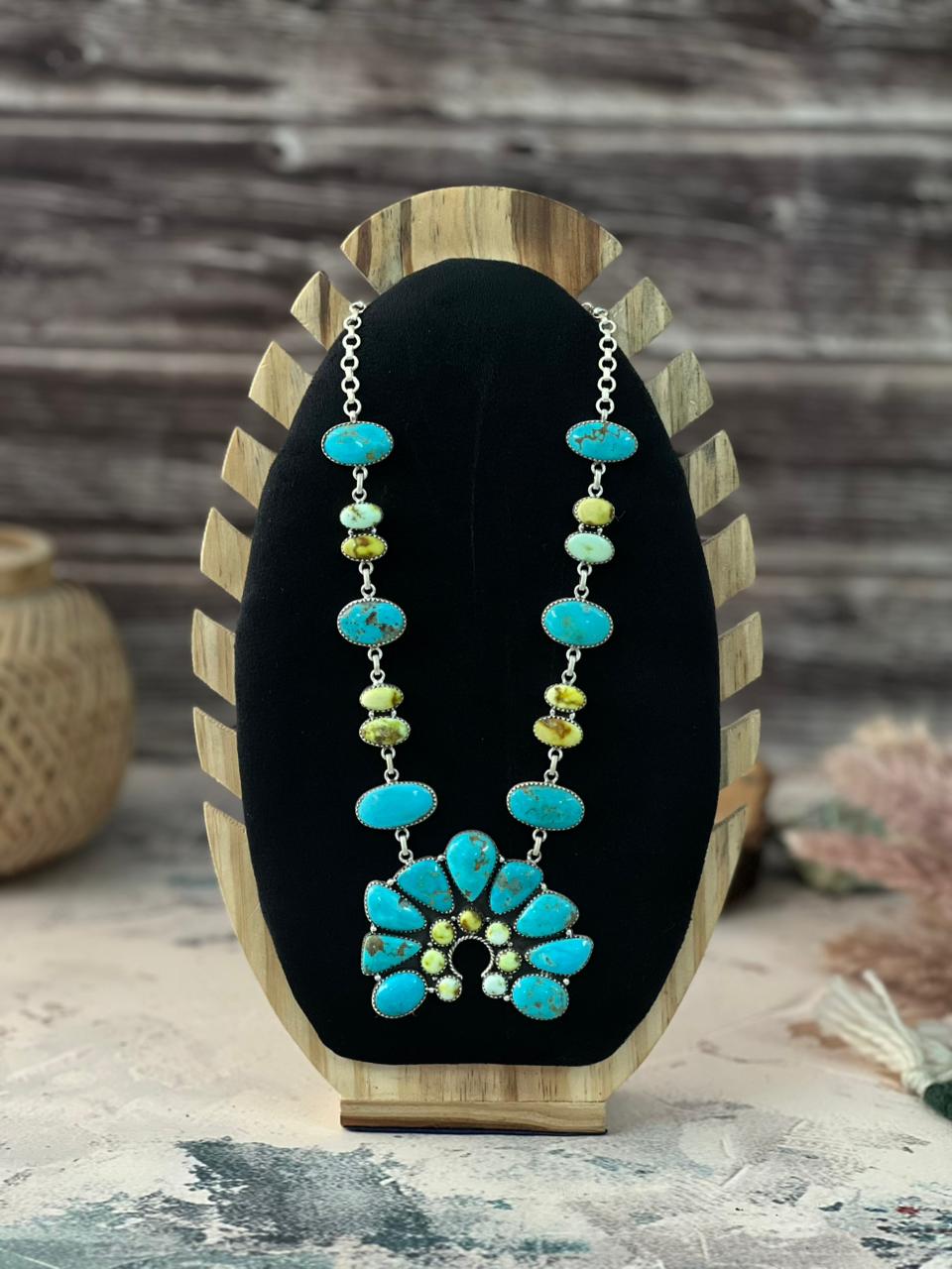 Handmade Sterling Silver Tyrone with Palomino Turquoise Naja Necklace Signed Nizhoni