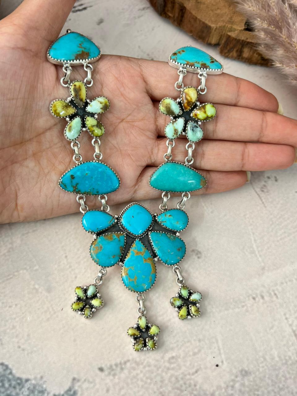 Handmade Sterling Silver Tyrone with Palomino Turquoise Necklace Signed Nizhoni