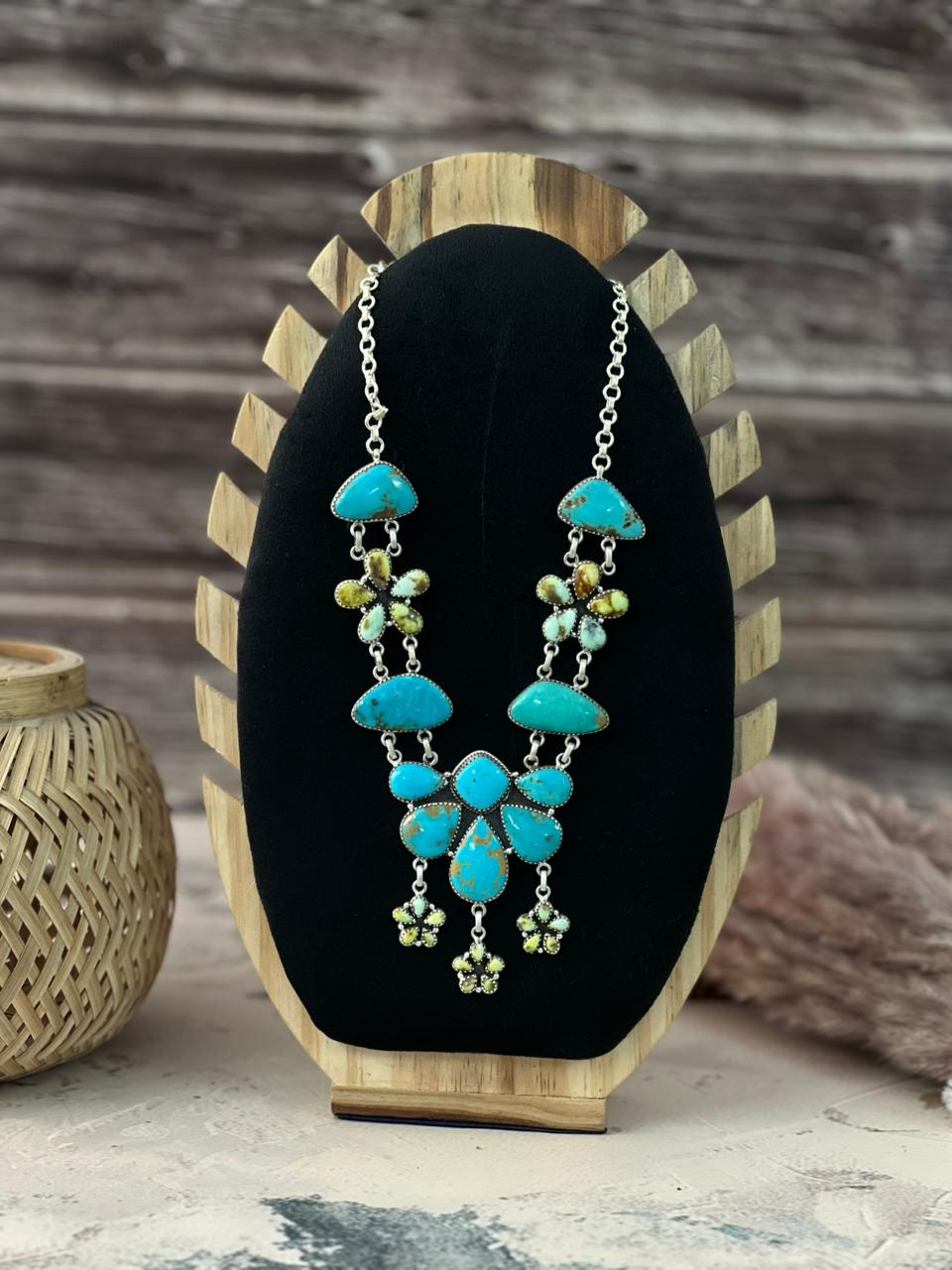 Handmade Sterling Silver Tyrone with Palomino Turquoise Necklace Signed Nizhoni
