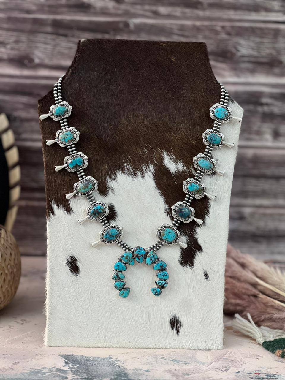 Handmade Sterling Silver Sierra Bella Turquoise Beaded Squash Blossom Naja Necklace Signed Nizhoni