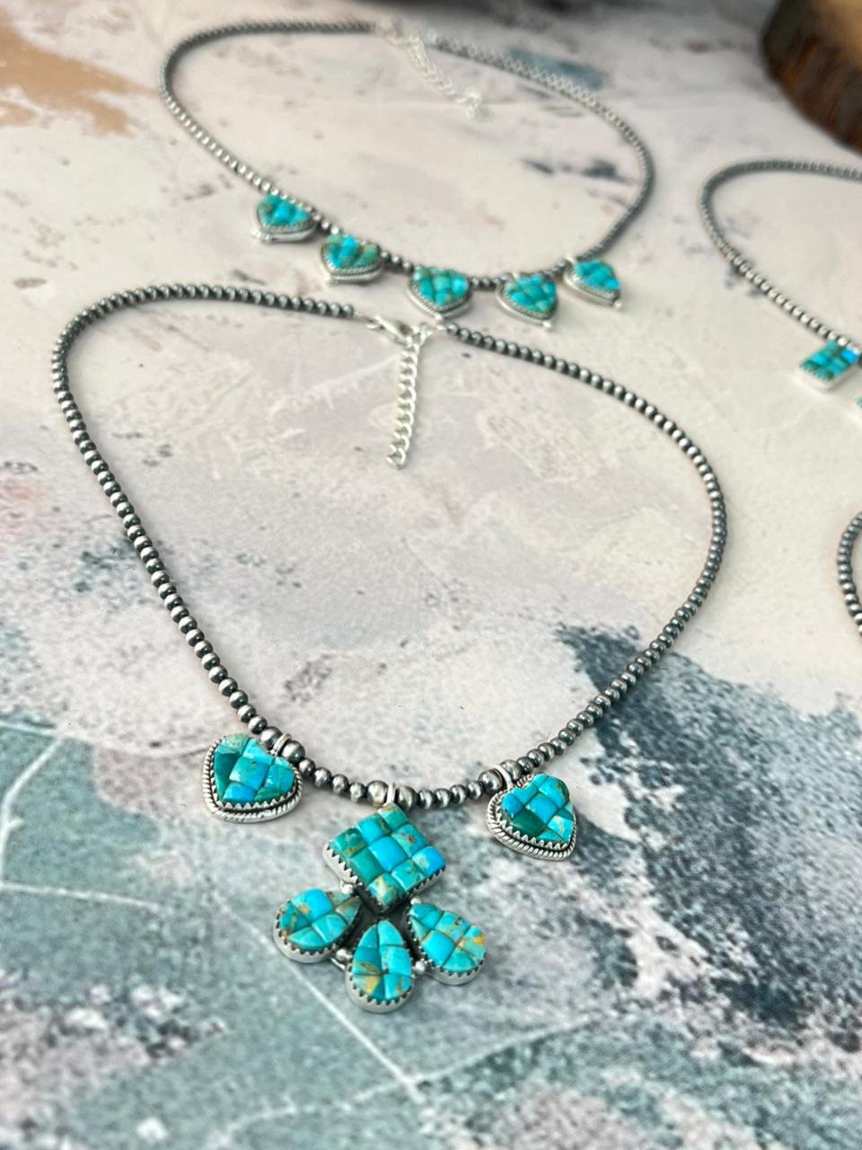 Handmade Sterling Silver Kingman Turquoise Cobble Stone Necklace Beaded Signed Nizhoni