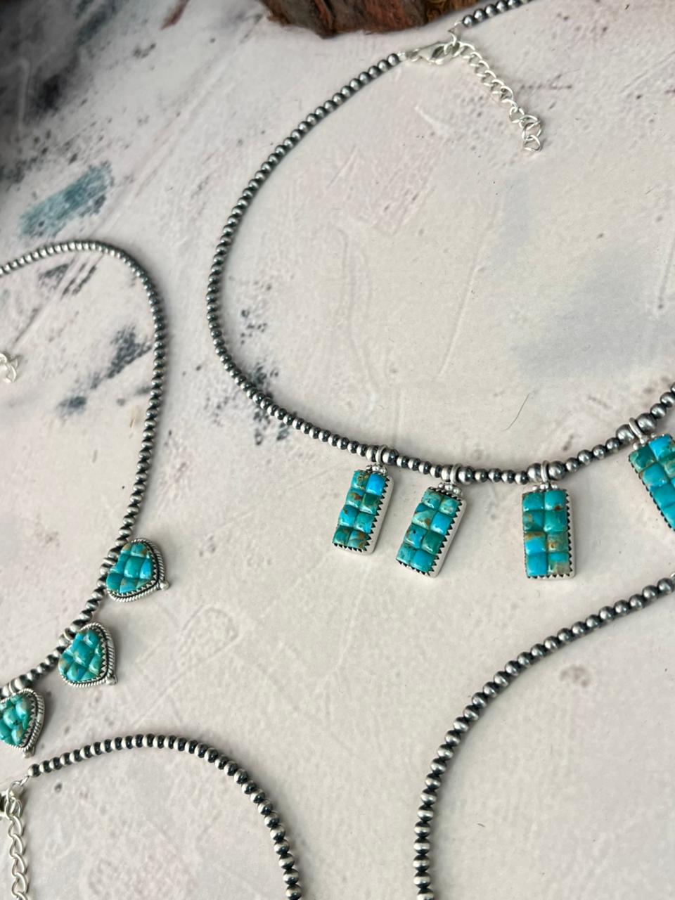Handmade Sterling Silver Kingman Turquoise Cobble Stone Necklace Beaded Signed Nizhoni