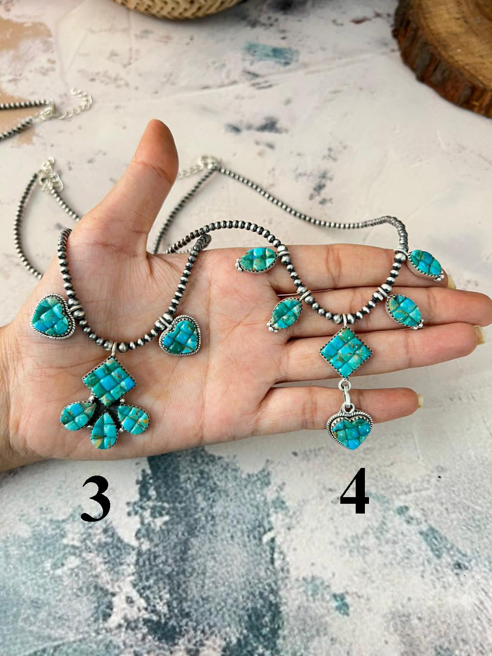 Handmade Sterling Silver Kingman Turquoise Cobble Stone Necklace Beaded Signed Nizhoni