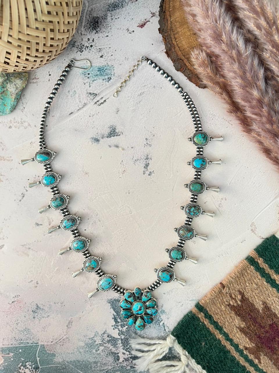 Handmade Sterling Silver Sierra Bella Turquoise Beaded Squash Blossom Necklace Signed Nizhoni