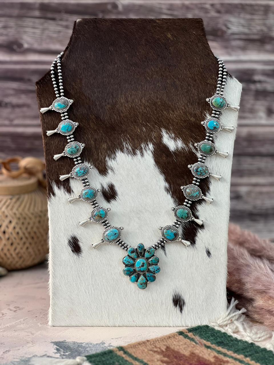 Handmade Sterling Silver Sierra Bella Turquoise Beaded Squash Blossom Necklace Signed Nizhoni