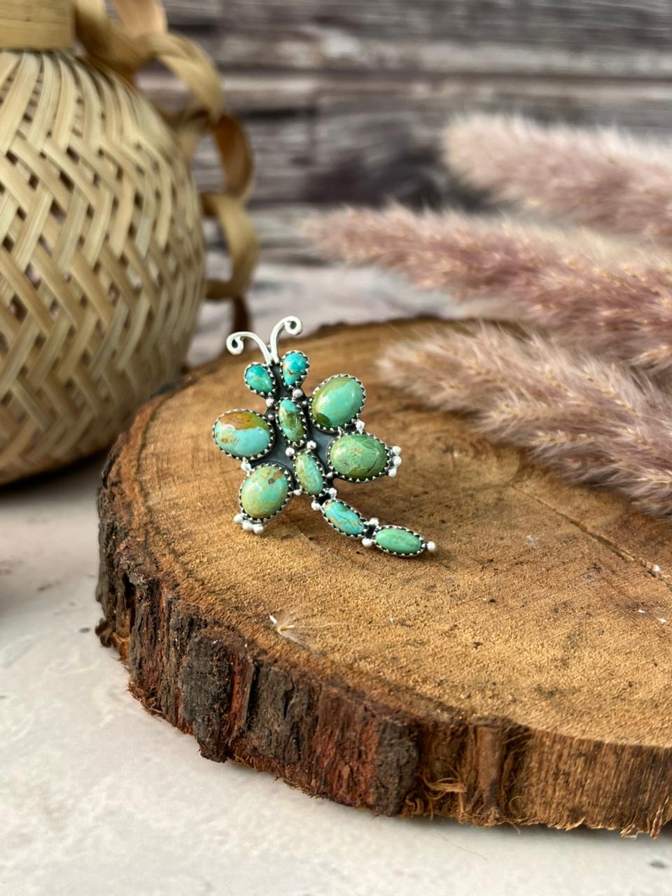 Handmade Sterling Silver Kingman Turquoise Dragonfly Adjustable Ring Signed Nizhoni