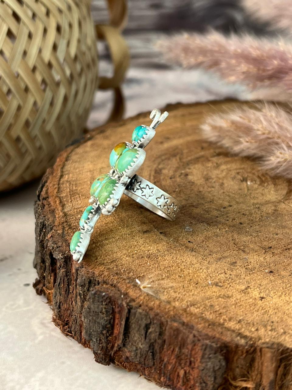 Handmade Sterling Silver Kingman Turquoise Dragonfly Adjustable Ring Signed Nizhoni