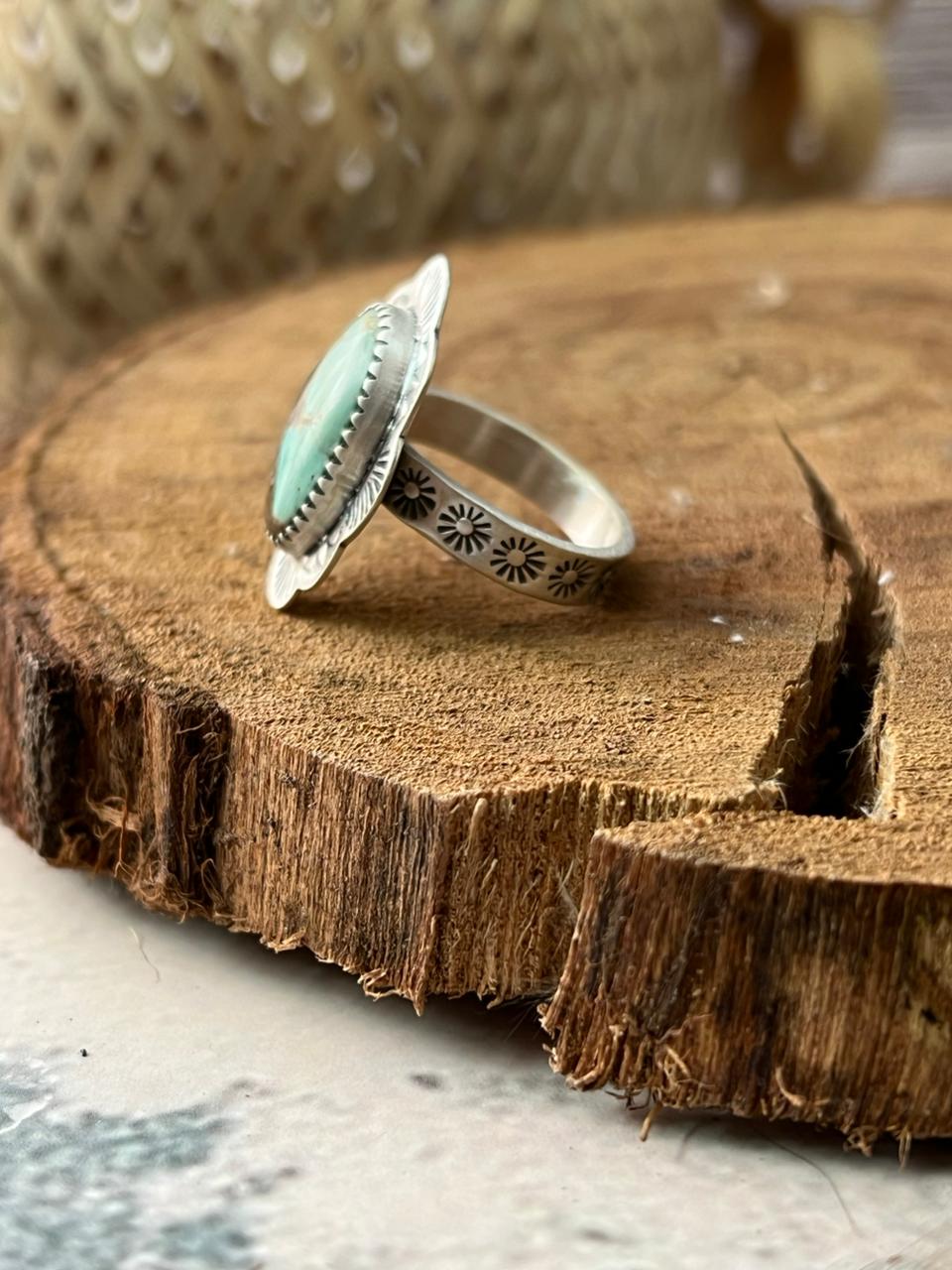Handmade Sterling Silver Cripple Creek Turquoise Adjustable Ring Signed Nizhoni