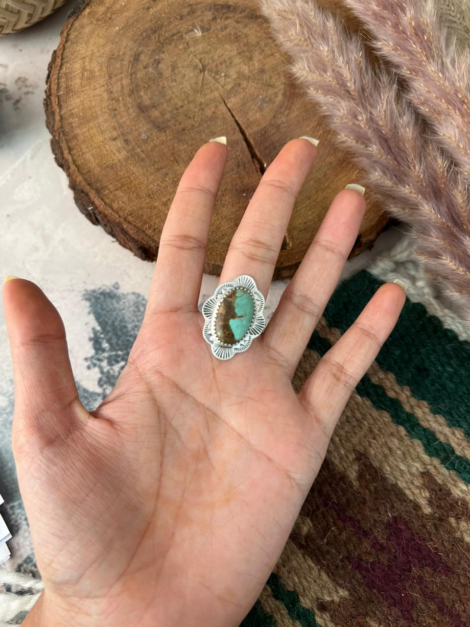 Handmade Sterling Silver Cripple Creek Turquoise Adjustable Ring Signed Nizhoni