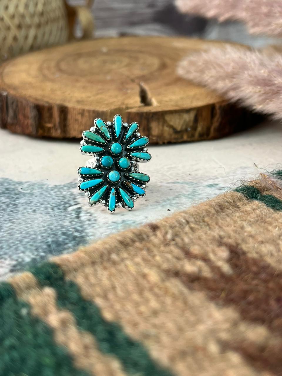 Handmade Sterling Silver Kingman Turquoise Adjustable Ring Signed Nizhoni