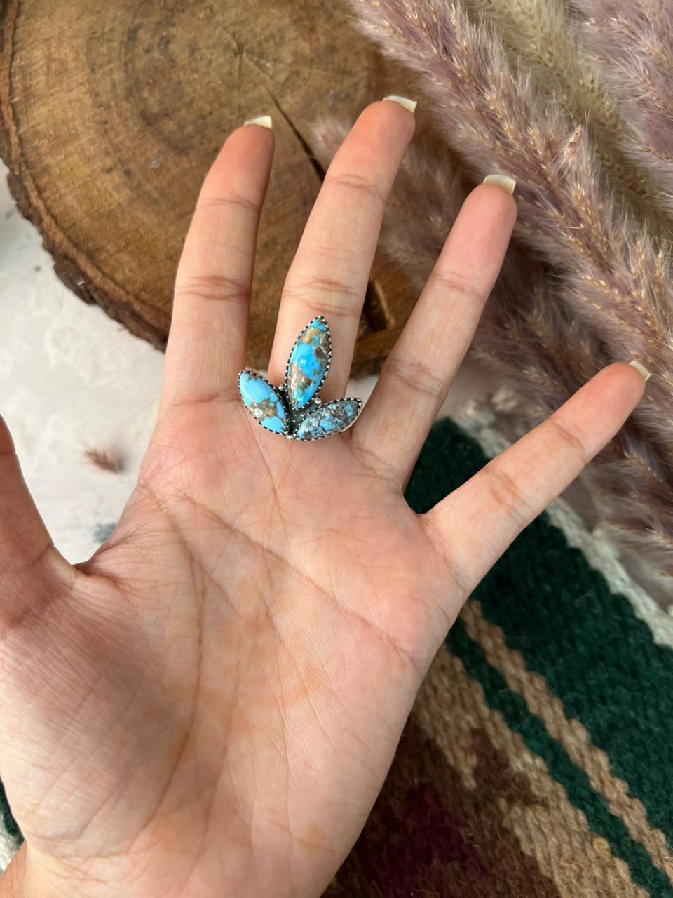 Handmade Sterling Silver Golden Hills Turquoise Adjustable Ring Signed Nizhoni