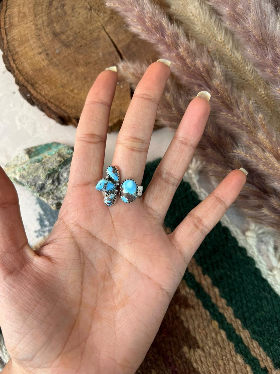 Handmade Sterling Silver Golden Hills Turquoise Adjustable Ring Signed Nizhoni