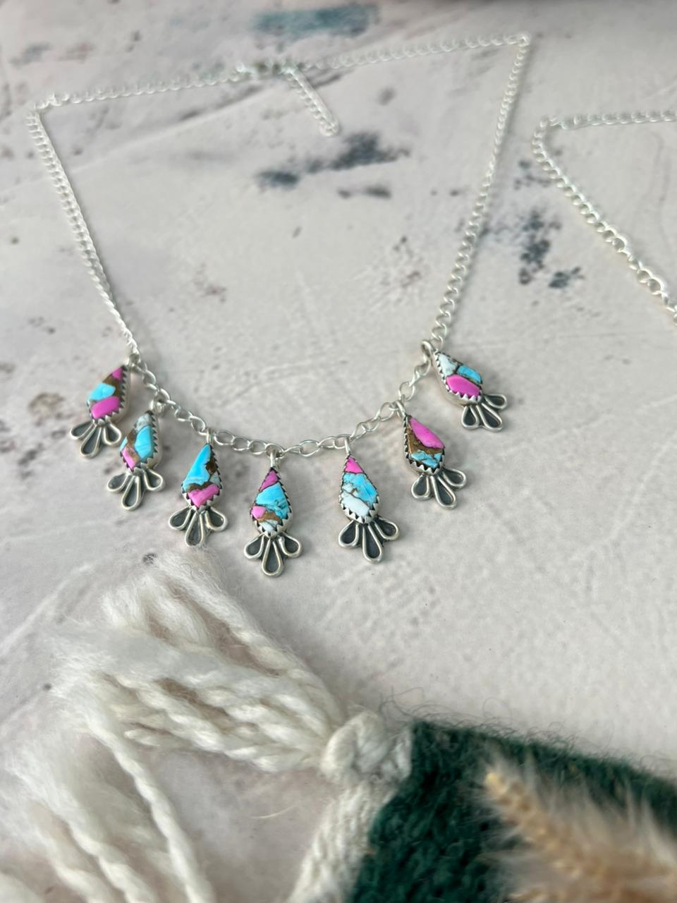 Handmade Sterling Silver Cotton Candy Necklace Signed Nizhoni